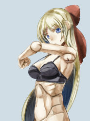 Rule 34 | 1girl, armpits, bare shoulders, black bra, blonde hair, blue background, blue hair, bottomless, bow, bra, breast press, breasts, doll joints, grey background, hair bow, joints, long hair, looking at viewer, ribs, shanghai doll, simple background, solo, touhou, underwear, upper body, v-shaped eyebrows, yohane