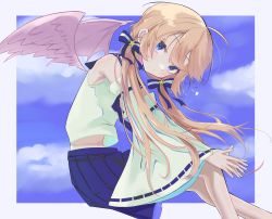 Rule 34 | 1girl, absurdres, ahoge, angel wings, asymmetrical wings, bat wings, blonde hair, blue eyes, blue skirt, blue sky, bow, closed mouth, commentary request, detached sleeves, feathered wings, feet out of frame, flying, hair between eyes, hair bow, hair ribbon, head tilt, highres, hikap, long hair, looking at viewer, low twintails, miniskirt, mismatched wings, pleated skirt, ribbon, sailor collar, sailor shirt, school uniform, serafuku, shirt, skirt, sky, sleeveless, solo, surprised, twintails, white shirt, wide sleeves, wings