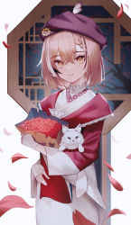 Rule 34 | 1girl, architecture, bag, berry, bow, bowtie, braid, braided bangs, brown eyes, brown hair, cherry blossoms, earrings, east asian architecture, feathers, floral print, fox, friend (nanashi mumei), gloves, gom bear, highres, hololive, hololive english, japanese clothes, jewelry, kimono, lace, lace gloves, looking at viewer, multicolored hair, nanashi mumei, nanashi mumei (new year), official alternate costume, paper bag, petals, print kimono, red shawl, shawl, short hair, single earring, smile, streaked hair, tree, virtual youtuber, white kimono, wide sleeves
