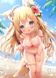 Rule 34 | 1girl, :d, ahoge, animal ear fluff, animal ears, beach, bikini, blonde hair, blue eyes, blue sky, blush, bow, breasts, cleavage, cloud, covered erect nipples, fang, feet out of frame, flower, food, fox ears, fox tail, hair bow, hair flower, hair ornament, hairclip, highres, holding, holding food, horizon, large breasts, leaf, leaning forward, leg strap, long hair, looking at viewer, momozu komamochi, navel, ocean, open mouth, oppai loli, original, outdoors, palm tree, pink bikini, pink flower, popsicle, signature, sky, smile, solo, standing, swimsuit, tail, thigh strap, tree, water, wet