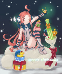 Rule 34 | 1girl, ahoge, blush, boots, christmas, female focus, full body, gift, gloves, headset, long hair, one eye closed, outdoors, popuri37, popurieru, red eyes, red hair, sf-a2 miki, sitting, snow, solo, star (symbol), striped clothes, striped thighhighs, thighhighs, very long hair, vocaloid, wink, winter