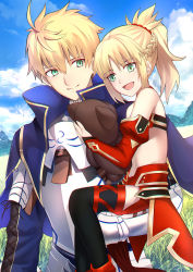 Rule 34 | 1boy, 1girl, ahoge, armor, arthur pendragon (fate), bare shoulders, blonde hair, braid, breastplate, child, fangs, fate/apocrypha, fate/grand order, fate/prototype, fate (series), father and daughter, french braid, gauntlets, greaves, green eyes, highres, mordred (fate), mordred (fate/apocrypha), pauldrons, ponytail, red scrunchie, scrunchie, shigure s, shoulder armor, aged down