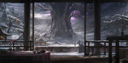 Rule 34 | absurdres, bowl, building, cherry blossoms, cloud, dark clouds, dark sky, forest, glowing lines, hakugyokurou, highres, nature, no humans, palace, perfect cherry blossom, saigyou ayakashi, scenery, snow, snowing, table, touhou, tree, vase, wooden floor, xumi