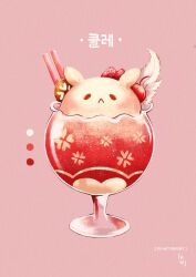 Rule 34 | :&lt;, animal-themed food, aristomeow, cherry, clover, clover print, color guide, commentary, dessert, english commentary, feathers, food, food focus, foodification, four-leaf clover, fruit, genshin impact, glass, highres, ice cream, klee (genshin impact), korean text, no humans, pink background, pocky, simple background, watermark