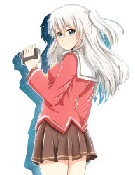 Rule 34 | 10s, 1girl, baretto (karasi07), black skirt, blue eyes, camcorder, camera, charlotte (anime), hair ornament, holding, long hair, looking at viewer, pleated skirt, school uniform, silver hair, simple background, skirt, solo, tomori nao, video camera, white background