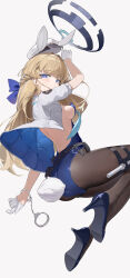 Rule 34 | 1girl, absurdres, berserker r, black footwear, black pantyhose, blonde hair, blue archive, blue eyes, blue halo, blue leotard, blush, breasts, closed mouth, cuffs, fake tail, gloves, halo, hat, high heels, highres, jacket, leotard, long hair, looking at viewer, medium breasts, open clothes, open jacket, pantyhose, peaked cap, rabbit tail, shackles, short sleeves, simple background, solo, strapless, strapless leotard, tail, toki (blue archive), white background, white gloves, white hat, white jacket
