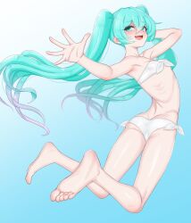Rule 34 | 1girl, barefoot, bikini, blush, feet, hatsune miku, highres, long hair, looking at viewer, open mouth, soles, swimsuit, toes, twintails, vocaloid