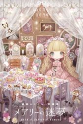 Rule 34 | 1girl, blonde hair, blush, bug, butterfly, cat, chair, clock, curtains, dated, dress, flower, grey eyes, insect, long hair, long sleeves, no nose, original, pink dress, pink flower, purple flower, shirosaki london, solo, table, very long hair, violet (flower), white flower