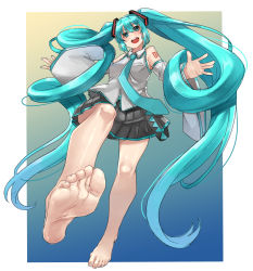 Rule 34 | 1girl, 39, absurdly long hair, aqua eyes, aqua hair, ass, bare legs, bare shoulders, barefoot, belt, blue necktie, border, breasts, detached sleeves, eiji (eiji), feet, foot focus, foreshortening, hair between eyes, hair ribbon, hatsune miku, highres, large breasts, long hair, looking at viewer, multicolored background, nail polish, necktie, open mouth, ribbon, soles, solo, tail, thighs, toenail polish, toenails, toes, twintails, very long hair, vocaloid, white border, wide sleeves
