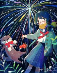 Rule 34 | 1girl, absurdres, aerial fireworks, animal, black hair, blush, buttons, closed mouth, clothed animal, commission, commissioner name, feet out of frame, fireworks, glasses, grey jacket, grey sailor collar, grey skirt, highres, holding, holding fireworks, jacket, long hair, long sleeves, mamei mema, neckerchief, night, open clothes, open jacket, original, otter, outdoors, plant, pleated skirt, red neckerchief, sailor collar, sailor shirt, scarf, school uniform, semi-rimless eyewear, serafuku, shirt, side ponytail, skeb commission, skirt, solo, sparkler, standing, tareme, under-rim eyewear, white shirt, yellow scarf