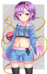 1girl adapted_costume black_hairband black_thighhighs blue_hoodie blue_shorts blush breasts closed_mouth cowboy_shot hairband highres hood hood_down hoodie komeiji_satori long_sleeves looking_at_viewer navel pink_eyes pink_hair short_hair shorts small_breasts smile solo thighhighs third_eye touhou uumaru