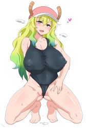 Rule 34 | 1girl, absurdres, baseball cap, breasts, cameltoe, covered erect nipples, covered navel, dragon horns, green hair, hat, heterochromia, highleg, highleg swimsuit, highres, horns, huge breasts, impossible clothes, impossible swimsuit, kobayashi-san chi no maidragon, long hair, lucoa (maidragon), multicolored eyes, multicolored hair, one-piece swimsuit, partially visible vulva, pink hat, pussy, pussy peek, school swimsuit, shiny clothes, shiny skin, simple background, skin tight, slit pupils, solo, spread legs, sweat, swimsuit, tavor (m tavor), thighs, wavy hair, wedgie, white background, yellow pupils