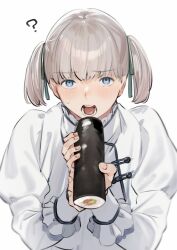 Rule 34 | 1boy, ?, alternate hairstyle, blonde hair, blue eyes, commentary request, dress, eating, fate/grand order, fate (series), food, frilled shirt, frilled shirt collar, frilled sleeves, frills, green hair tie, green ribbon, hair tie, hair tied, high collar, highres, holding, holding food, light blush, long sleeves, looking at viewer, makizushi, male focus, medium hair, multicolored clothes, oberon (fate), open mouth, ponytail, puffy long sleeves, puffy sleeves, ribbon, sausu hitori, shirt, solo, sushi, sweatdrop, tagme, teeth, upper body, white background