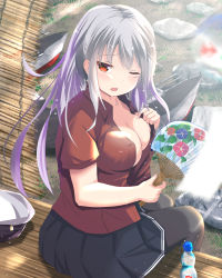 Rule 34 | 10s, 1girl, areola slip, black pantyhose, blurry, blush, breasts, cleavage, depth of field, fanning self, gangut (kancolle), grass, hand fan, hat, unworn headwear, highres, kantai collection, kuroame (kurinohana), large breasts, long hair, miniskirt, one eye closed, pantyhose, peaked cap, pleated skirt, porch, red eyes, silver hair, sitting, skirt, solo, sweat