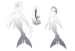 Rule 34 | 2girls, absurdly long hair, bodysuit, bzs (kage no shinobu), commentary request, concept art, dual persona, greyscale, highres, long hair, mermaid, monochrome, monster girl, multiple girls, original, ponytail, simple background, tentacle clothes, tentacles, tentacles under clothes, very long hair, white background