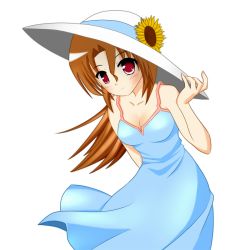 Rule 34 | 00s, 1girl, blush, breasts, brown hair, cleavage, dress, flower, hair down, hat, hayate no gotoku!, long hair, maria (hayate no gotoku!), red eyes, shuu (sm), simple background, smile, solo, sundress, sunflower, white background
