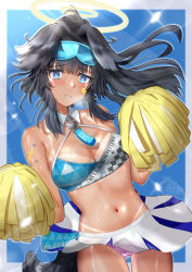 Rule 34 | 1girl, absurdres, animal ears, bare shoulders, black hair, blue archive, blue eyes, blush, breasts, cheerleader, cleavage, clothes writing, collarbone, cowboy shot, dog ears, dog girl, dog tail, gluteal fold, goggles, goggles on head, halo, hibiki (blue archive), hibiki (cheer squad) (blue archive), highres, holding, holding pom poms, long hair, looking at viewer, midriff, millennium cheerleader outfit (blue archive), miniskirt, momurya, navel, official alternate costume, panties, pink panties, pleated skirt, pom pom (cheerleading), pom poms, ponytail, skirt, solo, sticker on arm, sticker on face, stomach, sweat, tail, tan, tanline, thighs, underwear, white skirt, yellow halo