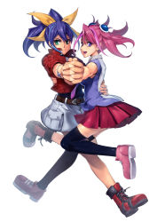 Rule 34 | 2girls, :d, belt, blue eyes, blue hair, bracelet, bracelet girls, foreshortening, green eyes, hair ribbon, holding hands, hand on another&#039;s hip, highres, hiiragi yuzu, hug, jacket, jewelry, lazward, multicolored hair, multiple girls, necktie, open mouth, own hands together, pink hair, ponytail, ribbon, school uniform, serena (yu-gi-oh!), short twintails, simple background, sleeveless, smile, twintails, two-tone hair, white background, yu-gi-oh!, yu-gi-oh! arc-v
