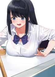 Rule 34 | 1girl, air hockey, bent over, black hair, blue bow, blue bowtie, blue eyes, blush, bow, bowtie, breasts, collared shirt, commentary request, inconvenient breasts, kaisen chuui, large breasts, long hair, long sleeves, original, parted lips, shirt, white background, white shirt