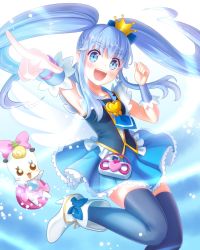 Rule 34 | 10s, 1girl, bad id, bad pixiv id, blue background, blue eyes, blue hair, blue skirt, blue theme, blue thighhighs, blush, boots, bow, brooch, crown, cure princess, endorin, eyelashes, gradient background, hair ornament, hair ribbon, happinesscharge precure!, happy, heart, heart brooch, high heels, idididdesuy0, jewelry, long hair, looking at viewer, magical girl, mascot, matching hair/eyes, open mouth, pink bow, pointing, pointing at viewer, precure, ribbon, ribbon (happinesscharge precure!), shirayuki hime, shirt, skirt, smile, solo, thighhighs, thighs, twintails, very long hair, vest, white background, wrist cuffs, zettai ryouiki