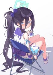 Rule 34 | 1girl, absurdly long hair, absurdres, aris (blue archive), black hair, blue archive, bottle, bow, chair, detached sleeves, from behind, hair between eyes, hair bow, highres, klaius, long hair, long hair between eyes, looking back, ponytail, ribbon, shirt, shoes, sitting, skirt, solo, very long hair, water bottle, white footwear, white shirt, white skirt, white sleeves