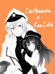 Rule 34 | 1boy, 1girl, admiral (kancolle) (cosplay), admiral (kancolle), akatsuki (kancolle), anchor symbol, bf 25lan, black hair, black shirt, castlevania (series), castlevania: aria of sorrow, coat, copyright name, cosplay, curry, flat cap, food, fur-trimmed coat, fur trim, grin, hand on another&#039;s chest, hat, kantai collection, long hair, looking at viewer, military hat, orange background, pale skin, school uniform, serafuku, shirt, smile, soma cruz, spot color, trench coat, white coat, white hair
