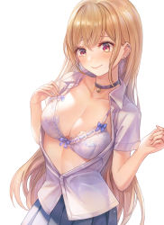 Rule 34 | 1girl, absurdres, blonde hair, blush, bra, breasts, choker, cleavage, closed mouth, earrings, highres, jewelry, kitagawa marin, large breasts, long hair, open clothes, open shirt, red eyes, school uniform, shirt, short sleeves, simple background, skirt, smile, solo, sono bisque doll wa koi wo suru, underwear, white background, white bra, white shirt, yahiro (heartseek000)