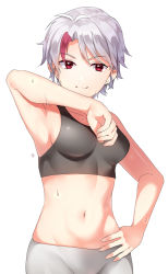 Rule 34 | 1girl, absurdres, arm up, armpits, bare arms, bare shoulders, breasts, closed mouth, collarbone, commentary request, cowboy shot, derori, grey hair, grey pants, han&#039;you no yashahime, hand on own hip, highres, higurashi towa, inuyasha, looking at viewer, medium breasts, midriff, multicolored hair, navel, pants, red eyes, red hair, short hair, simple background, smile, solo, sports bra, stomach, streaked hair, sweat, tomboy, two-tone hair, white background