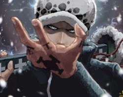 Rule 34 | 1boy, black jacket, blurry, commentary request, covered mouth, depth of field, fingernails, fujitachobi, furrowed brow, hand tattoo, hand up, hat, highres, holding, holding sword, holding weapon, jacket, long sleeves, looking at viewer, male focus, one piece, over shoulder, print headwear, signature, solo, straight-on, sword, sword over shoulder, tattoo, trafalgar law, weapon, weapon over shoulder, white eyes, white hat