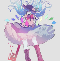 Rule 34 | 1girl, black hat, blouse, blue hair, blue skirt, boots, bow, bowtie, brown footwear, center frills, closed mouth, commentary request, cross-laced footwear, floating hair, food, frilled skirt, frills, fruit, full body, grey background, hair between eyes, hat, highres, hinanawi tenshi, kiui (kogane), leaf, long hair, looking at viewer, looking down, peach, puffy short sleeves, puffy sleeves, rainbow order, red bow, red eyes, shirt, short sleeves, simple background, skirt, smile, solo, sword of hisou, touhou, white shirt