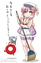 Rule 34 | 1girl, 1other, apron, broom, bucket, commentary request, dated, enemy lifebuoy (kancolle), floral print, frilled apron, frills, full body, gradient hair, japanese clothes, kantai collection, kimono, maid, masara (chuujou), multicolored hair, new year, one-hour drawing challenge, orange hair, print kimono, purple hair, purple kimono, short hair, short kimono, sidelocks, simple background, socks, standing, tsushima (kancolle), twitter username, wa maid, water, white apron, white background, white legwear, yellow eyes