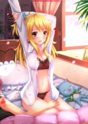 Rule 34 | 1boy, 1girl, :3, arms up, bad id, bad pixiv id, black bra, black panties, blonde hair, blush, book, bow, bow bra, bow panties, bra, breasts, brown eyes, cat, cleavage, dress shirt, closed eyes, fairy tail, frills, happy (fairy tail), heart, highres, lingerie, long hair, lucy heartfilia, natsu dragneel, navel, no pants, on bed, open clothes, open shirt, panties, picture frame, pillow, ribbon, scarf, shirt, sleeping, ^^^, swordsouls, underwear