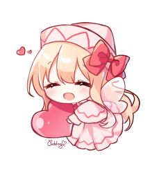 Rule 34 | 1girl, arm up, artist name, blonde hair, blush, bow, bowtie, capelet, chibi, closed eyes, dress, fairy wings, flying, hair between eyes, hand up, hat, hat bow, heart, highres, lily white, long hair, long sleeves, open mouth, pink bow, pink bowtie, pink capelet, pink dress, pink hat, pudding (skymint 028), smile, solo, touhou, very long hair, wide sleeves, wings