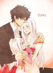 Rule 34 | 1boy, 2girls, age difference, bad id, bad pixiv id, black hair, bouquet, couple, dress, emiya kiritsugu, facial hair, family, fate/zero, fate (series), father and daughter, flower, hetero, hug, husband and wife, irisviel von einzbern, irisviel von einzbern (angel&#039;s song), kiri8, long hair, mother and daughter, multiple girls, red eyes, stubble, white hair