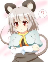 Rule 34 | 1girl, ?, ak-r, animal ears, bad id, bad pixiv id, blush, breasts, crossed arms, gem, grey hair, hajime (ak-r), jewelry, long sleeves, mouse ears, mouse tail, nazrin, necklace, open mouth, pendant, red eyes, short hair, solo, tail, touhou