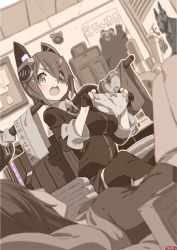 Rule 34 | 10s, 2girls, bear, blush, bow, bow panties, chestnut mouth, dutch angle, eyepatch, fingerless gloves, gloves, headgear, holding, holding clothes, holding panties, holding underwear, indoors, kantai collection, knees up, laundry, long sleeves, looking at viewer, lying, monochrome, multiple girls, necktie, on back, open mouth, panties, unworn panties, poster (object), school uniform, sepia, short hair, sitting, skirt, sleeves rolled up, spot color, tenryuu (kancolle), thighhighs, underwear, wing collar, yuuzii