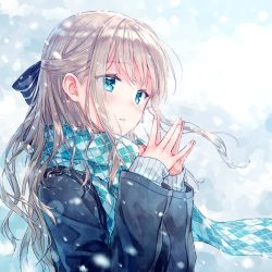 Rule 34 | 1girl, aqua eyes, argyle, argyle clothes, argyle scarf, blonde hair, blue bow, blue coat, bow, coat, eyebrows, eyelashes, floating hair, from side, hair bow, half updo, hiten (hitenkei), kagurazaka reina, long hair, long sleeves, looking away, md5 mismatch, motion blur, open m/, original, own hands together, parted lips, scarf, silver hair, sleeves past wrists, snowing, solo, sweater, upper body, wind, winter, winter clothes, winter coat