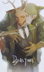 Rule 34 | 2boys, ahkuma, antlers, beastars, black jacket, black necktie, black pants, brown eyes, cigarette, coat, collared shirt, copyright name, cowboy shot, deer boy, furry, furry male, green coat, grey background, hand up, hands on another&#039;s chest, highres, holding, holding cigarette, horns, hug, hug from behind, jacket, legoshi, looking at another, louis (beastars), male focus, multiple boys, necktie, pants, shirt, sideways glance, simple background, smoke, white shirt, wolf boy, yaoi