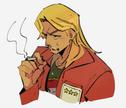 Rule 34 | 1boy, black eyes, blonde hair, cigarette, clenched teeth, commentary request, cropped torso, crying, crying with eyes open, fingernails, green shirt, grey background, highres, holding, holding cigarette, inudori, jacket, kaiji, kitami (kaiji), long hair, male focus, medium bangs, parted bangs, red jacket, shirt, simple background, smoking, solo, star (symbol), tears, teeth, upper body