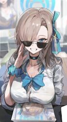 Rule 34 | 1girl, asuna (blue archive), blanc (whit blanc), blue archive, blue eyes, bow, bowtie, glasses, light brown hair, long hair, long sleeves, looking at viewer, shirt, smile, solo, white shirt