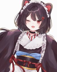 Rule 34 | 1girl, :3, animal ears, black hair, blush, collar, dog ears, dog girl, flower, frilled sleeves, frills, hair flower, hair ornament, highres, inui toko, japanese clothes, kimono, long sleeves, looking at viewer, maid headdress, mirawhite, nijisanji, obi, one eye closed, open mouth, red eyes, sash, sleeves past fingers, sleeves past wrists, smile, solo, virtual youtuber, wide sleeves