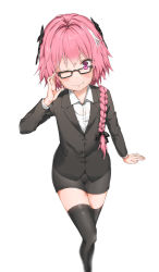 Rule 34 | 1boy, adjusting eyewear, arm support, astolfo (fate), black-framed eyewear, black bow, black jacket, black skirt, black thighhighs, blazer, blurry, blush, bow, braid, closed mouth, collared shirt, commentary request, depth of field, dot nose, dress shirt, fang, fate/apocrypha, fate (series), formal, from above, glasses, hair bow, hair intakes, hair over shoulder, hand up, highres, invisible chair, jacket, long hair, long sleeves, looking at viewer, male focus, miniskirt, multicolored hair, one eye closed, parted bangs, pencil skirt, pink hair, pixel (yuxian), purple eyes, raised eyebrows, shirt, simple background, single braid, sitting, skirt, skirt suit, smile, solo, streaked hair, suit, thighhighs, trap, two-tone hair, white background, white hair, white shirt, wing collar