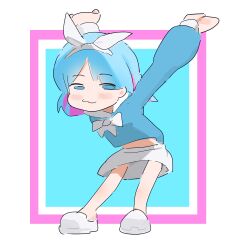 Rule 34 | 1girl, absurdres, arms up, arona (blue archive), blue archive, blue eyes, blue hair, blue shirt, closed mouth, dancing, dancing arona (meme), full body, hairband, highres, long sleeves, looking at viewer, meme, multicolored hair, no halo, pink hair, school uniform, shirt, short hair, simple background, skirt, smile, solo, standing, streaked hair, t-lex, white footwear, white hairband, white skirt