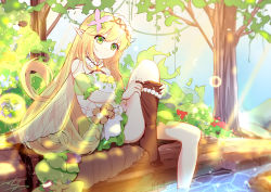 Rule 34 | 1girl, bare shoulders, bell, blonde hair, blue sky, brown socks, closed mouth, commentary request, day, detached sleeves, dress, elf, flower, green eyes, hair between eyes, hair flower, hair ornament, head tilt, highres, kneehighs, long hair, menghuan tian, original, outdoors, pink flower, pointy ears, puffy short sleeves, puffy sleeves, short sleeves, sitting, sky, sleeveless, sleeveless dress, smile, soaking feet, socks, solo, sparkle, sunlight, transparent, tree, undressing, very long hair, water, white dress, yellow flower