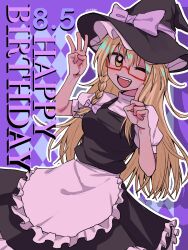 Rule 34 | 1girl, :d, akaakaakaakashio, apron, black hat, black skirt, black vest, blonde hair, bow, braid, chinese commentary, commentary request, cookie (touhou), cowboy shot, dated, dutch angle, finger counting, frilled apron, frilled skirt, frills, glasses, hair bow, happy birthday, hat, hat bow, highres, kirisame marisa, long hair, looking at viewer, middle w, one eye closed, open mouth, outline, pink bow, puffy short sleeves, puffy sleeves, red-framed eyewear, shirt, short sleeves, side braid, single braid, skirt, skirt set, smile, solo, teeth, touhou, upper teeth only, uzuki (cookie), vest, w, waist apron, white apron, white outline, white shirt, witch hat, yellow eyes