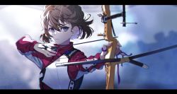Rule 34 | 1girl, absurdres, arrow (projectile), blue eyes, blurry, blurry background, bow (weapon), brown hair, character name, compound bow, haibara ai, hair between eyes, highres, holding, holding arrow, holding bow (weapon), holding weapon, kmako1, letterboxed, long sleeves, looking at viewer, meitantei conan, short hair, solo, upper body, weapon