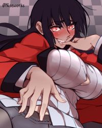 Rule 34 | 1girl, black hair, blush, breasts, bursting breasts, close-up, commentary, crazy, english commentary, fang, full-face blush, grin, highres, hime cut, jabami yumeko, jacket, kakegurui, large breasts, long hair, looking at viewer, naughty face, nisego, no bra, nose blush, out-of-frame censoring, panties, panties under pantyhose, pantyhose, red eyes, red jacket, school uniform, see-through, see-through legwear, shirt, smile, solo, sweat, taut clothes, taut shirt, underwear