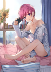 Rule 34 | 1girl, bare shoulders, barefoot, bed, blue eyes, book, breasts, building, cellphone, cityscape, cleavage, collarbone, dress shirt, feet, flower, full body, go-toubun no hanayome, grey shirt, head tilt, highres, holding, holding phone, indoors, long sleeves, looking at viewer, medium breasts, nakano ichika, naked shirt, off shoulder, on bed, open mouth, oversized clothes, oversized shirt, phone, photo (object), pillow, pink hair, piyo (pixiv 2308057), shirt, short hair, sitting, sleeves past wrists, smile, soles, solo, sunflower, sunlight, teeth, window