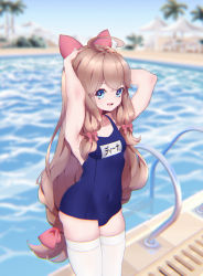 Rule 34 | 1girl, a-soul, absurdres, ahoge, blue eyes, blue one-piece swimsuit, blurry, blurry background, bow, brown hair, commentary request, day, diana (a-soul), gioyun vi, hair bow, highres, long hair, name tag, one-piece swimsuit, outdoors, palm tree, pool, pool ladder, school swimsuit, solo, swimsuit, thighhighs, tree, virtual youtuber, wavy hair, white thighhighs