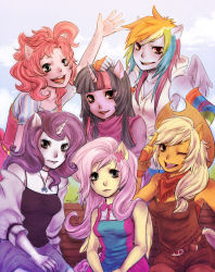 Rule 34 | 6+girls, animal ears, arm warmers, bare shoulders, belt, bench, blonde hair, colored skin, cowboy hat, fingerless gloves, fluttershy, friends, fringe trim, furry, furry female, gloves, green eyes, hair ornament, hairpin, hand on head, hat, horns, jewelry, multicolored hair, multiple girls, my little pony, my little pony: friendship is magic, necklace, one eye closed, orange skin, pale skin, personification, pink hair, pink skin, pinkie pie, portrait, purple hair, purple skin, rainbow dash, rainbow hair, rarity (my little pony), red eyes, red hair, reituki, scarf, single horn, smile, twilight sparkle, wings, wink, yellow skin